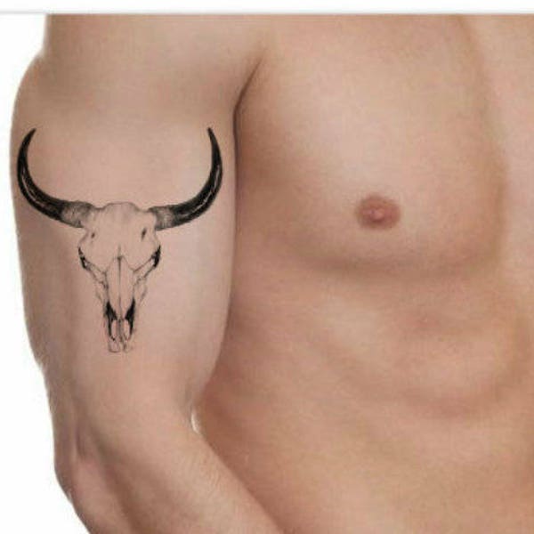 Tatuaje temporal toros cráneo Longhorn Boho Boho tatuajes realistas finos duraderos impermeables