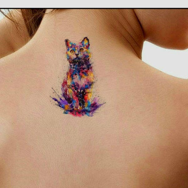 Tatouage temporaire aquarelle chat Ultra mince réaliste imperméable faux tatouages