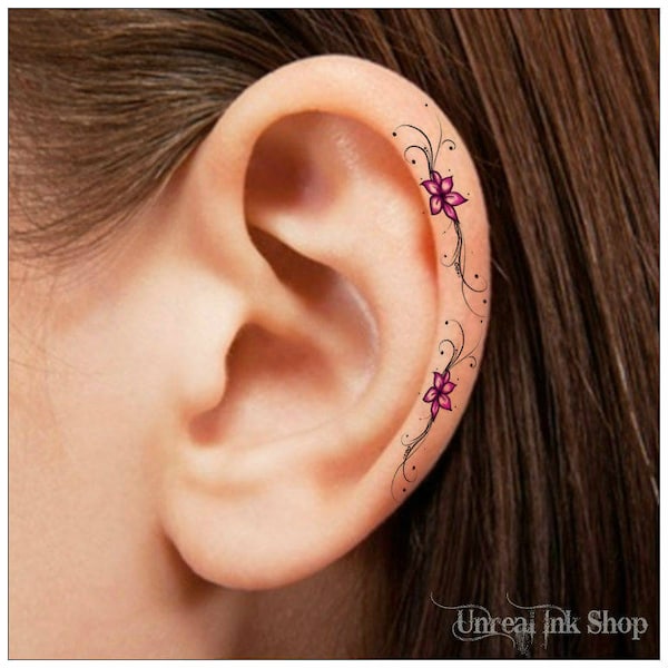 Temporary Tattoo 6 Flower Pink and Black Ear Tattoos Finger Tattoos