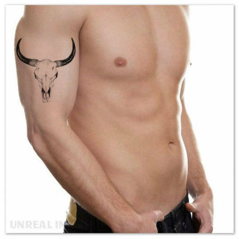 Temporary Tattoo Bulls Skull Longhorn Bohemian Boho Tattoos Realistic Thin Durable Waterproof image 1