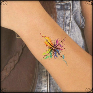 Temporary Tattoo Watercolor Compass Ultra Thin Realistic Waterproof Fake Tattoos