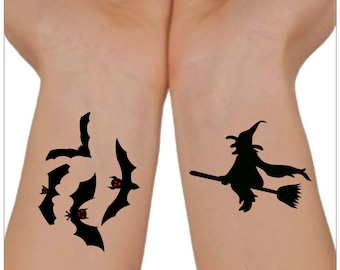 Halloween Temporary Tattoo  Witch and Bats  Wrist Tattoos