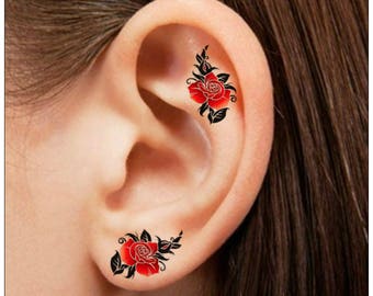 Temporary Tattoo 6 Rose Flower Red and Black Ear Tattoos Finger Tattoos