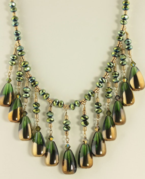 Items similar to BIB STATEMENT NECKLACE/ Gold and green gorgeous ...