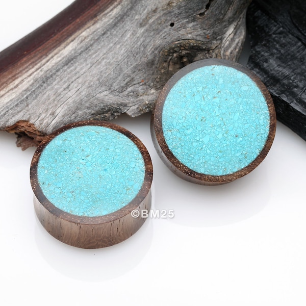 A Pair Of Turquoise Crushed Stone Inlayed Rosewood Double Flared Plug