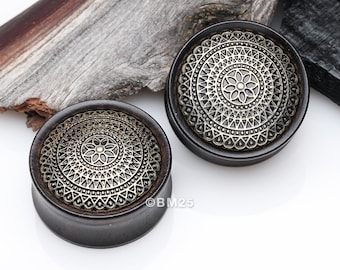 A Pair Of Antique Lotus Floral Filigree Decorated Ebony Wood Double Flared Plug