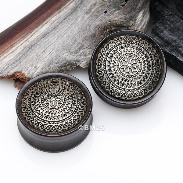 A Pair Of Antique Lotus Floral Filigree Decorated Ebony Wood Double Flared Plug