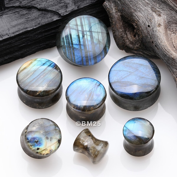 A Pair Of High Grade Labradorite Convex Stone Double Flared Plug