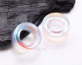 A Pair of Aurora Borealis Iridescent Glass Double Flared Tunnel Plug