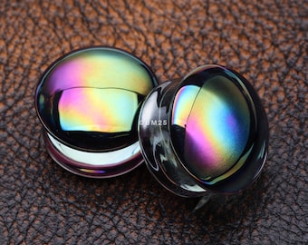 Ein Paar Regenbogen Slick irisierendes konvexes Glas Double Flared Plug
