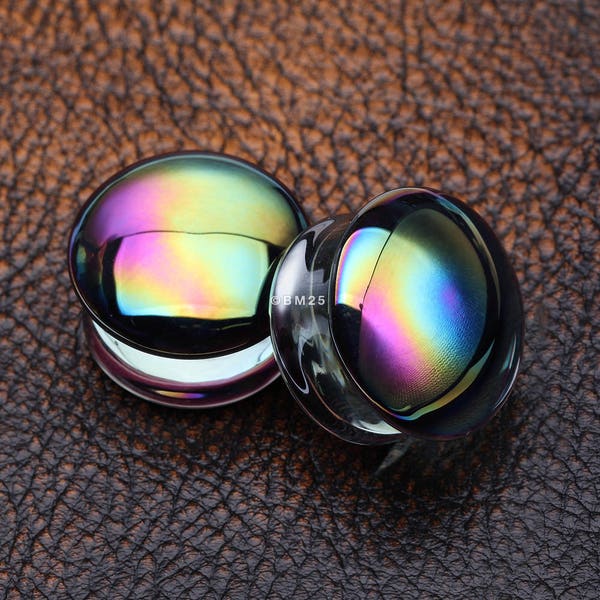 A Pair of Rainbow Slick Iridescent Convex Glass Double Flared Plug