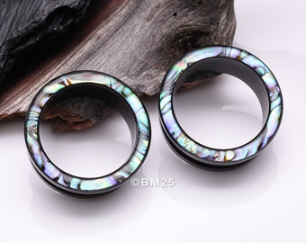A Pair of Blackline Abalone Rimmed Steel Screw-Fit Tunnel Plug