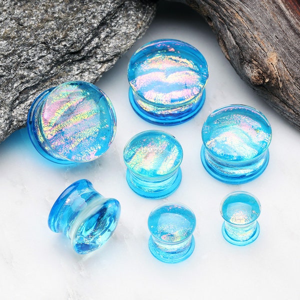 A Pair of Dichroic Glass Aqua Rainbow Iridescent Double Flared Plug