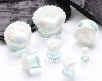 A Pair of White Iridescent Ariel's Shell Glass Double Flared Plug