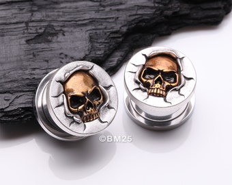 A Pair of Bronze Death Skull Cracked Steel Screw-Fit Plug