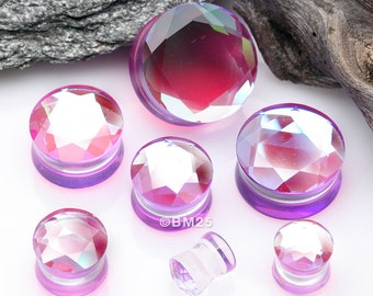 A Pair of Iridescent Multi-Faceted Glass Double Flared Plug-Fuchsia