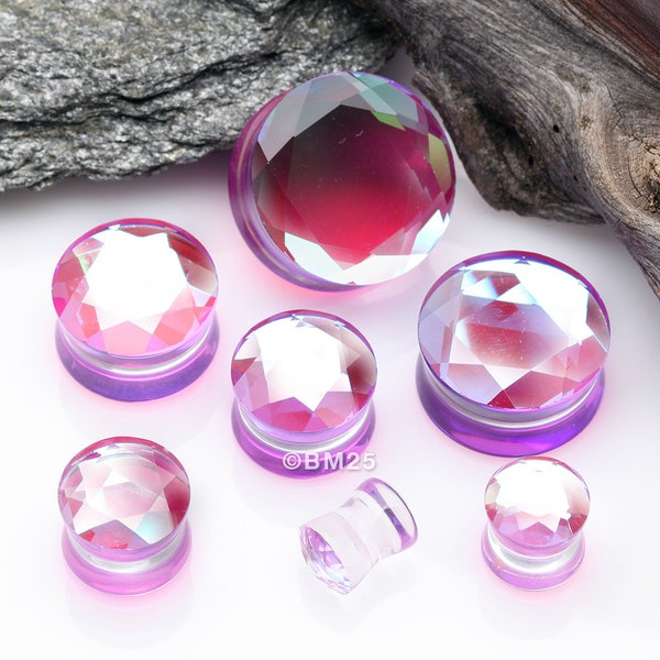 A Pair of Iridescent Multi-Faceted Glass Double Flared Plug-Fuchsia