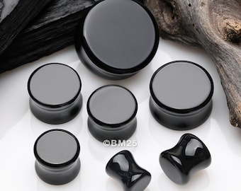 A Pair of Black Agate Stone Double Flared Ear Gauge Plug