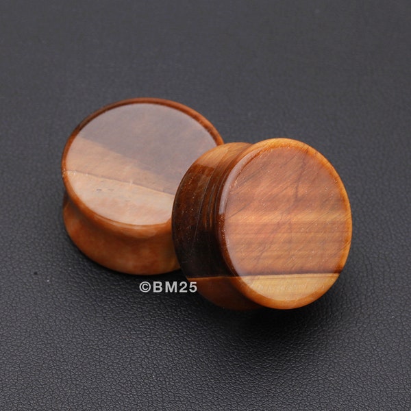 A Pair of Tiger Eye Stone Double Flared Ear Gauge Plug