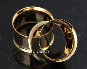 A Pair of Gold PVD Steel Double Flared Ear Gauge Flesh Tunnel Plug