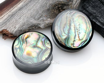 A Pair Of Abalone Inlayed Buffalo Horn Double Flared Ear Gauge Plug