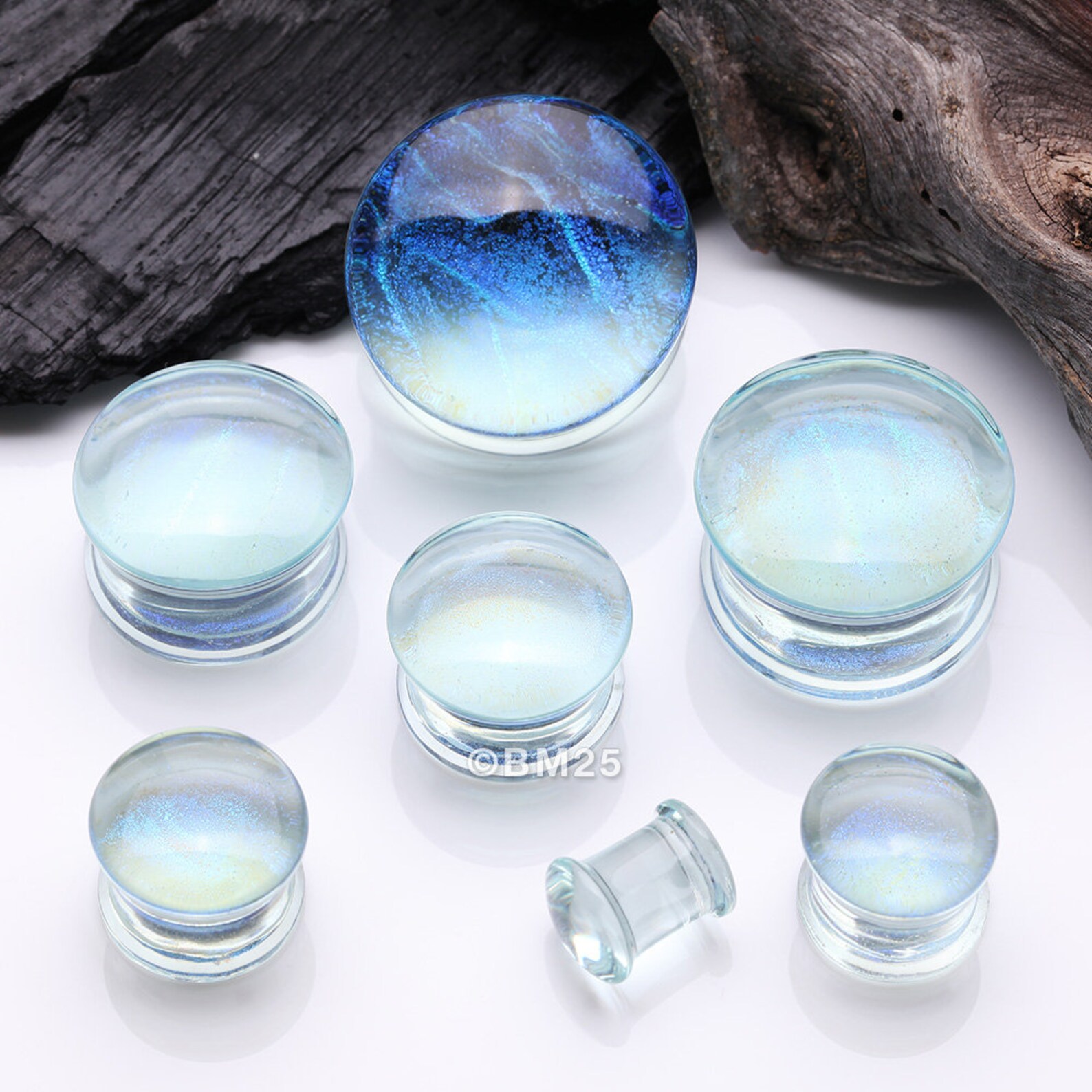 PAIR Of Glow In The Dark Sparkles Pyrex Glass Double Flare Plugs Body - Foto 7