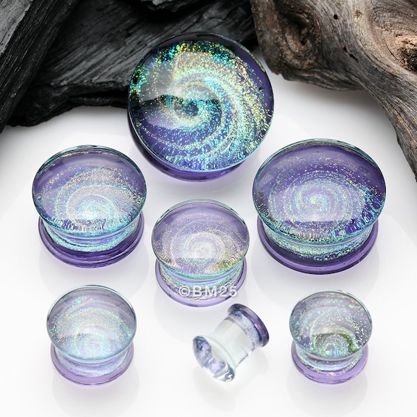 A Pair of Lavender Galaxy Milky Way Glass Double Flared Plug