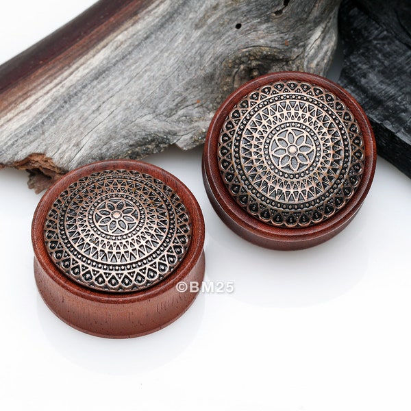 A Pair Of Antique Lotus Floral Filigree Decorated Rosewood Double Flared Plug