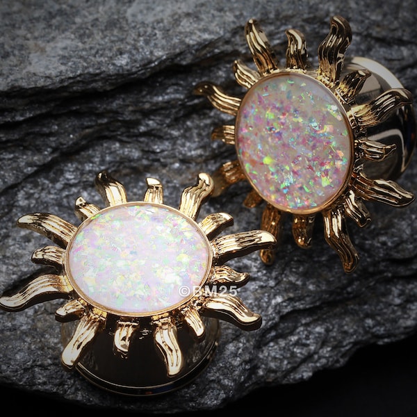 A Pair of Golden Blazing Sun Opal Glitter Ear Gauge Plug-Aurora Borealis