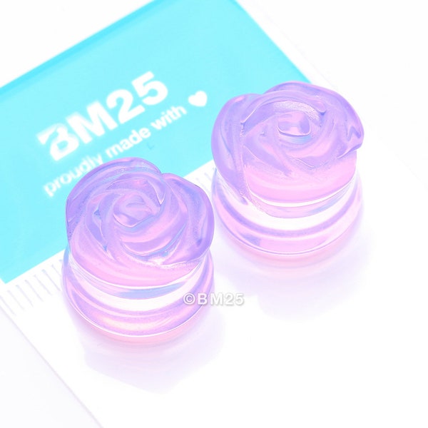 A Pair of Rose Blossom Lavender Glass Double Flared Plug