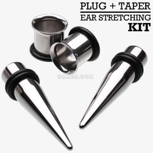 Single Size Ear Stretching Tapers & Plugs Pair Kit-Steel