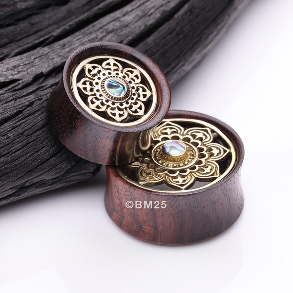 A Pair of Royal Bali Abalone Floral Brass Rosewood Double Flared Tunnel Plug