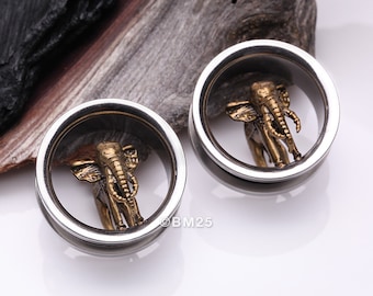 A Pair of Golden Antique Elephant Steel Screw-Fit Tunnel Plug