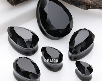 A Pair of Gemstone Cut Faceted Single Side Glass Double Flared Teardrop Plug-Black
