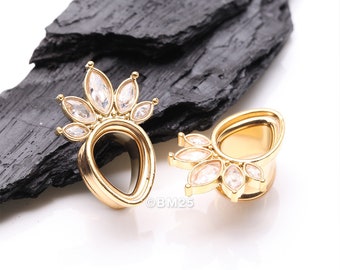 A Pair of Golden Royal Marquise Floral Sparkle Teardrop Double Flared Tunnel Plug-Clear Gem