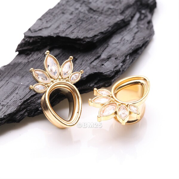 A Pair of Golden Royal Marquise Floral Sparkle Teardrop Double Flared Tunnel Plug-Clear Gem