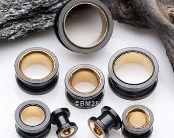 A Pair of Golden Black Screw-Fit Eyelet Tunnel Plug