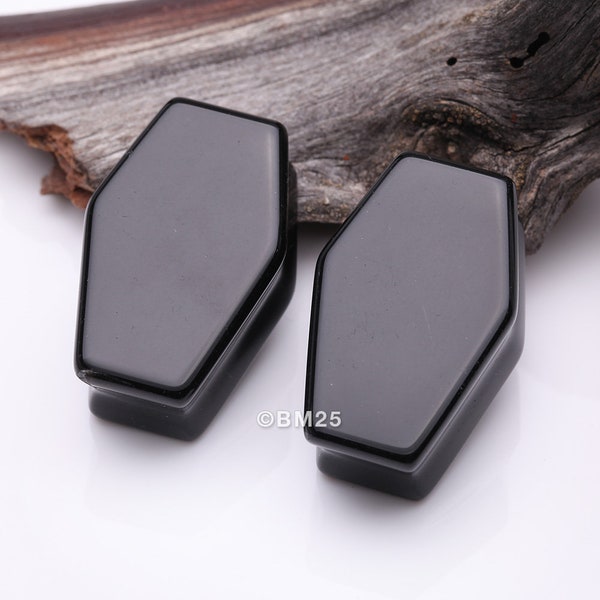 A Pair of Black Agate Stone Casket Double Flared Plug