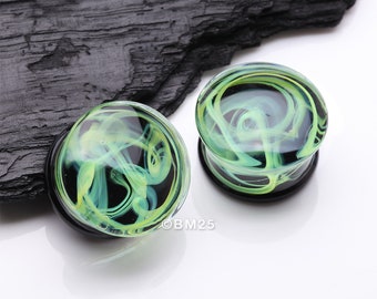 A Pair of Deco Neon Art Swirlesque Glass Double Flared Plug-Green