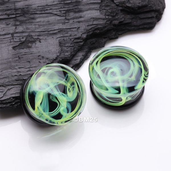 A Pair of Deco Neon Art Swirlesque Glass Double Flared Plug-Green