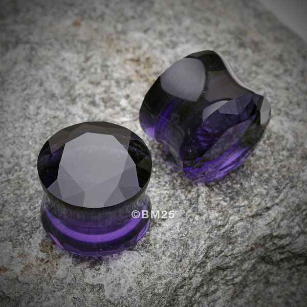 A Pair Of Faceted Pyrex Glass Gem Double Flared Ear Gauge Plug-Tanzanite