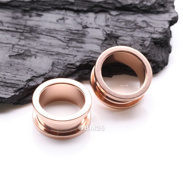 A Pair of Rose Gold PVD Steel Screw-Fit Ear Gauge Tunnel Plug