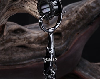 A Pair of Black Hematite Hanging Bat Plug Hoop Earring-Black