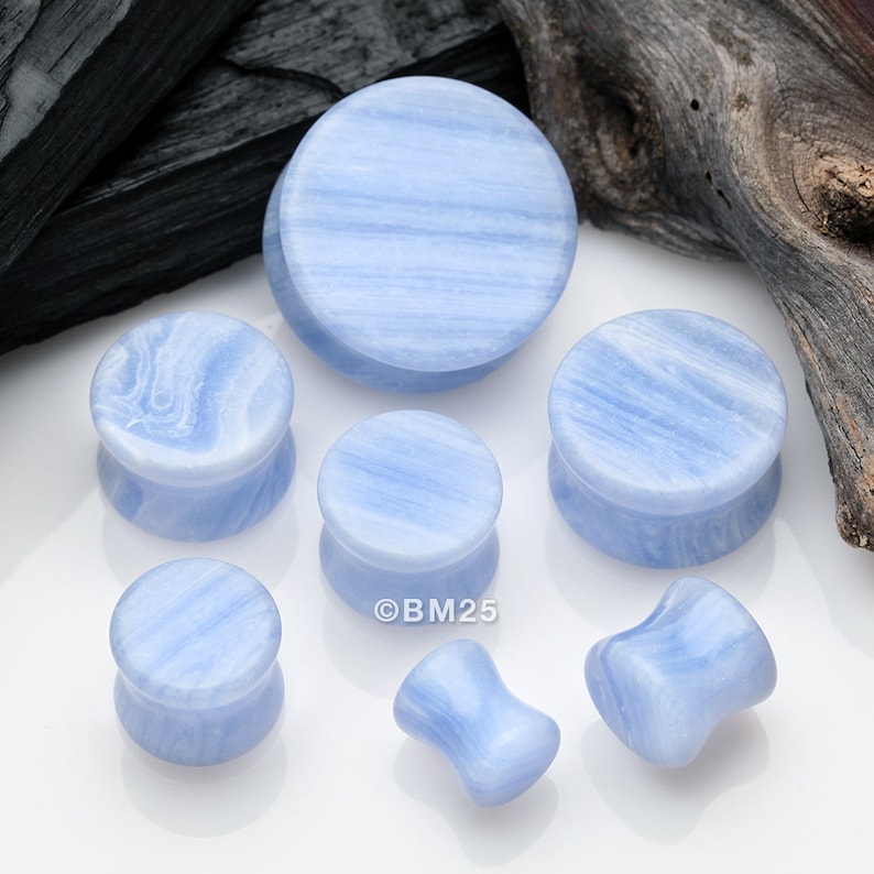 A Pair of Blue Lace Agate Stone Double Flared Ear Gauge Plug 