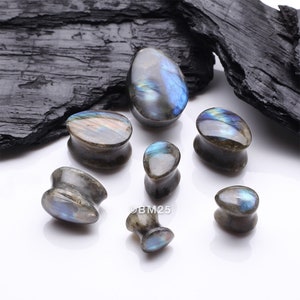 A Pair Of High Grade Labradorite Teardrop Convex Stone Double Flared Plug