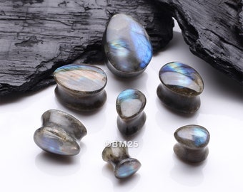 A Pair Of High Grade Labradorite Teardrop Convex Stone Double Flared Plug