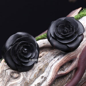 A Pair of Rosebud Full Bloom Arang Wood Double Flared Plug