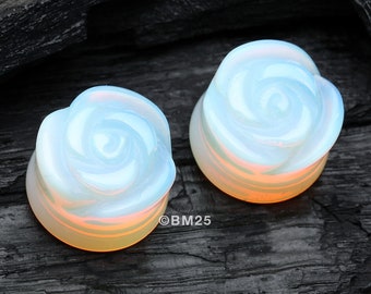 A Pair Of Rose Blossom Opalite Stone Double Flared Plug