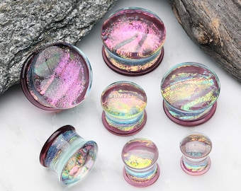 A Pair of Dichroic Glass Purple Rainbow Iridescent Double Flared Plug