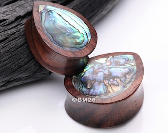 A Pair of Rosewood Bali Abalone Inlay Teardrop Double Flared Plug